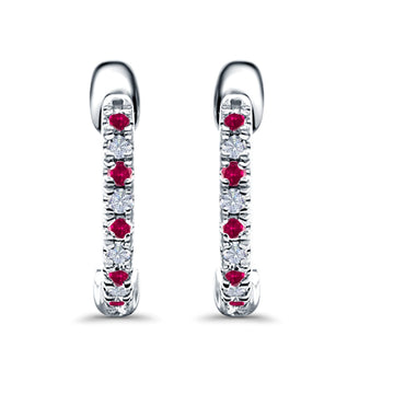 Half Eternity Hoop Earrings Round Simulated Ruby CZ 925 Sterling Silver (14mm)